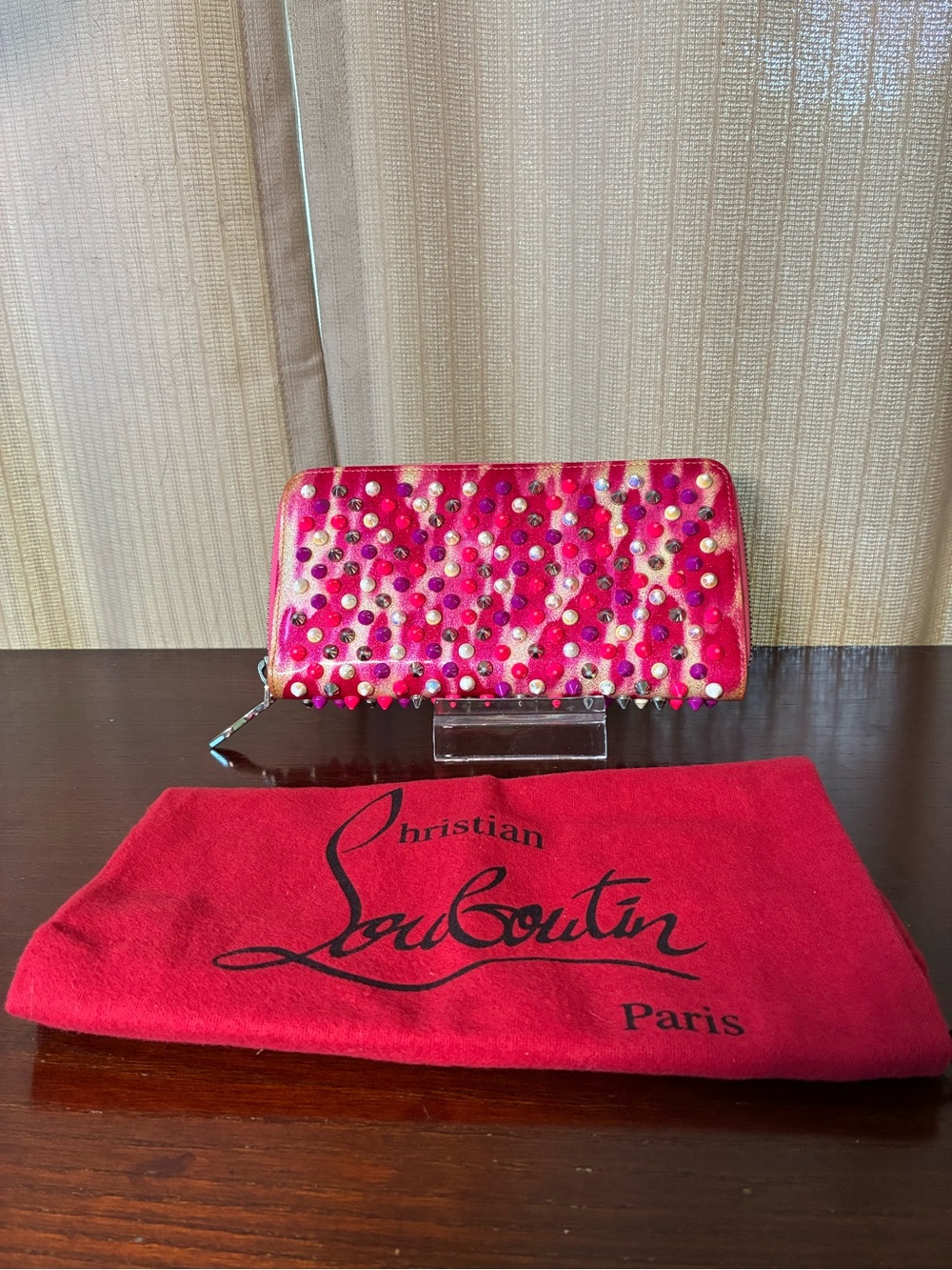 Christian Louboutin Hot Pink Multicolor Stud Zip Wallet